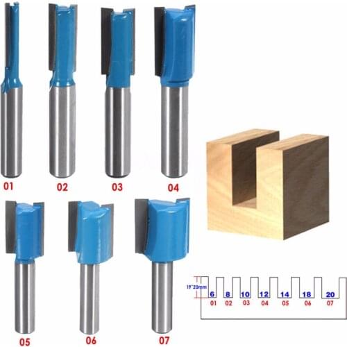 7pcs/set 8mm Shank Straight Router Bit Set 6/8/10/12/14/18/20mm Cutting Diameter For Turning Lathe Machine Woodworking Tool