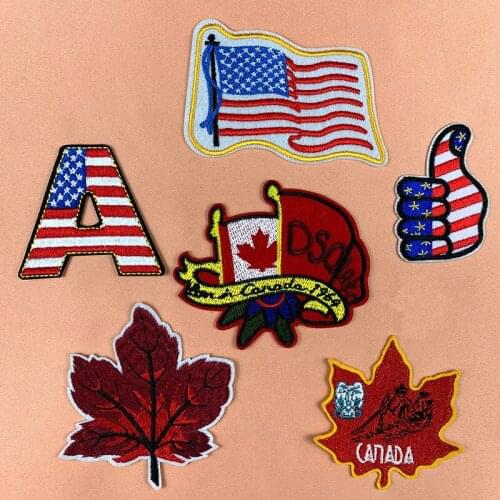 America Stars Stripes Flag Canada Maple Leaves Adhesive Embroidery Iron on Clothing Appliques Cap Jacket Bag Diy Decor Patch