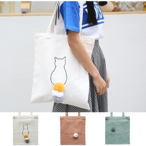 New exquisite cute pet fresh cat rabbit dog plush ball tail womens shoulder art canvas bag environmental protection bag