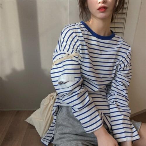 2020 New Arrivals Early Autumn Stitching Color Striped T-shirts Korean O-neck Opening Long-sleeevd Cotton Tee
