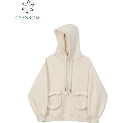 Solid Color Long Sleeve Hoodies Womens Korean Oversized 2021 Autumn Casual Vintage Pockets Sweatshirt Tops Female Large Coats
