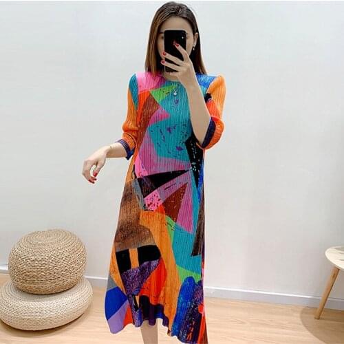 2021 autumn printed long woman dress issey miyake pleated elegant casual skirt skinny fashion niche dresses for woman