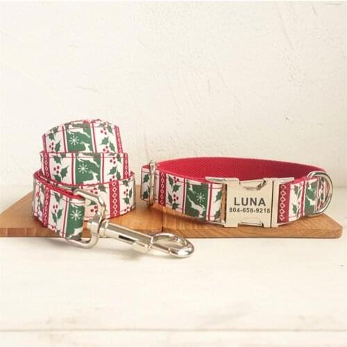 Personalized Mistletoe Pet Collar Custom Puppy Nameplate ID Tag Adjustable Buckle Christmas Deer Basic Collars Lead Leash Set