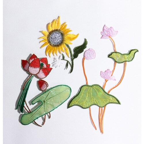 SunFlower Sunflower Lotus leaf Iron On Patch Full Embroidered Clothes Patch For Clothing Garment Apparel Accessories