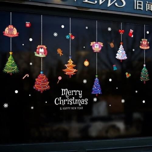 Christmas Tree Pendant Cute Cartoon Animal Shopping Mall Store Transparent Window Wall Sticker