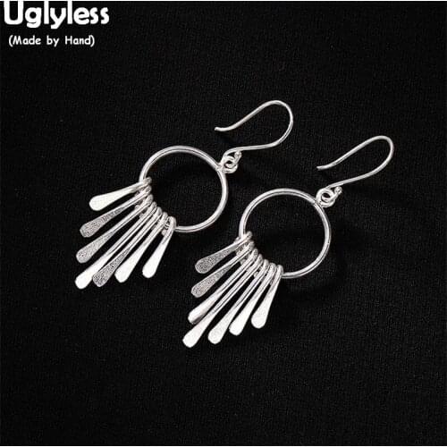 Uglyless Simple Fashion Bohemian Tassels Earrings for Women Exotic Handmade Fine Jewelry Real Solid 925 Silver Circle Earrings