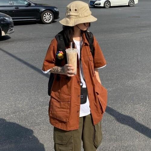 Shirt short-sleeved mens summer retro fashion style Ami Kaji Japanese most popular tooling oversize trend loose couple shirt