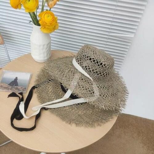 European American Hollow Mesh Breathable Straw Hat Sun Hat For Women Summer Lace Up Windproof Big Wide Brim Beach Hat Handmade