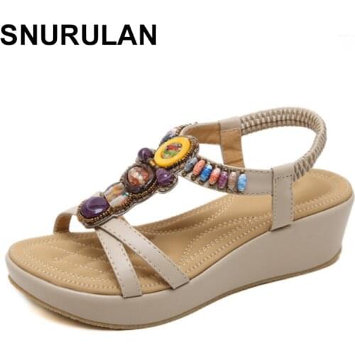 SNURULAN High-heeled platform sandals for women s wedge 2019 bohemian style ladies shoes with rivets pearls beach slippers shoes