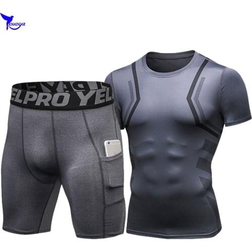 Training T-shirt+Shorts Mens Running Sets with Pocket Compression Sports Suit Tracksuit Clothing Gym Fitness Jogging Sportswear