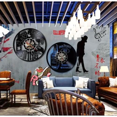 Vinyl Record Clocks Whiskey Wine Beer Design Vintage Clocks Home Bar Coffee Living Room Dining Room Decor Large Wall Clock