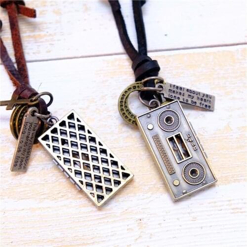 NIUYITID Vintage Radio Pendant Necklace 100% Genuine Leather Men Boy Gift Fashion Chain Male Jewelry New Design