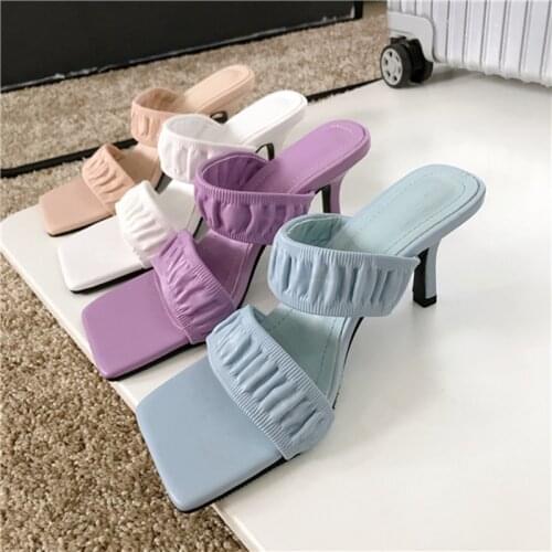 2021 New Summer Women Slipper Thin High Heel Ladies Square Toe Sandal Shoes Outdoor Casual Dress Pump Shoes Elegant Slides