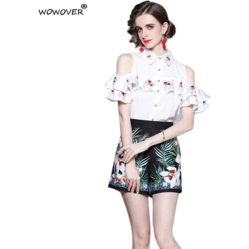 Fashion Summer Runway 2 Piece Set 2021 New Designers Ruffles Off The Shoulder Blouse and Shorts Suit Holiday Casual Outfits