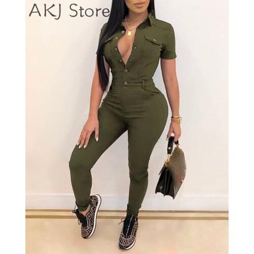 Women Buttoned Short Sleeve Skinny Jumpsuit Solid Color Casual Romper Overalls