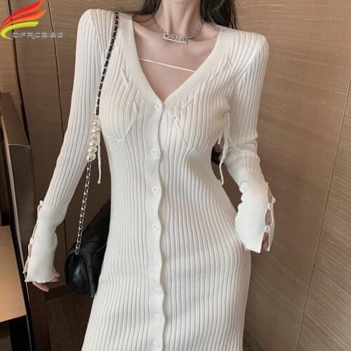 New 2020 Autumn Winter Sweater Dress Women White Green Or Black V Neck Long Sleeve Rib Knitted Dresses Single Button Mini Dress