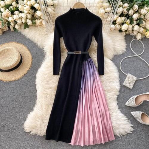 Autumn Winter Elegant Knitted Patchwork Gradient Pink Pleated Dress Women Long Sleeve Office Sweater Dress With Belt