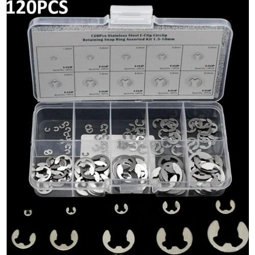 120Pcs 304 Stainless Steel E-Clip Retaining Circlip Assortment Kit 1.5mm to 10mm for Shaft Fasteners Parts