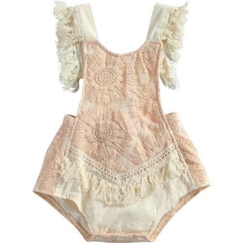 2021 0-24M Cute Newborn Baby Girl Sleeveless Tassel Romper Summer Toddler Loose Flower Pattern U-shaped Neck Tie-up Playsuit