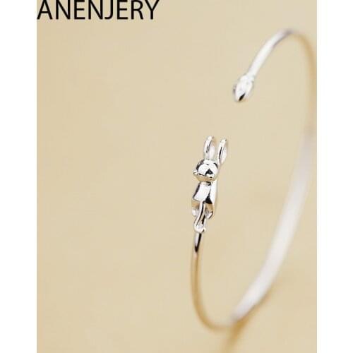 ANENJERY 925 Sterling Silver New Design Simple Cute Cat Open Bangle Animal Bangle Bracelet Jewelry For Christmas Gift S-B280
