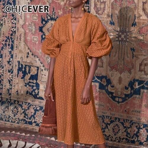 CHICEVER Vintage Dress For Women V Neck Puff Half Sleeve Ruched Tunic Hollow Out Designer Loose Mid Dresses Female 2021 Clothing