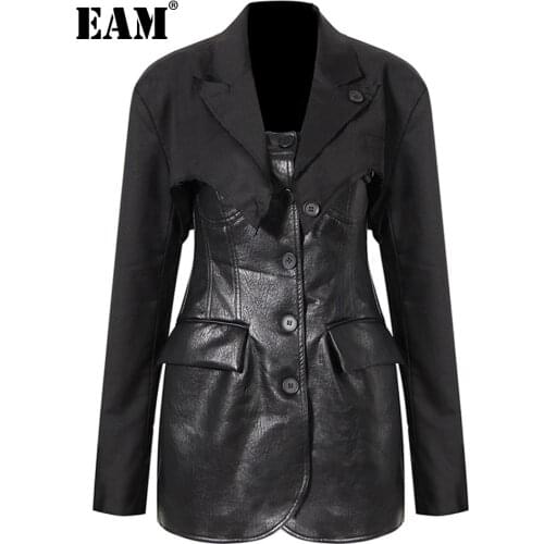 [EAM] Women Black Pu Leather Hollow Out Cool Blazer Dress New Lapel Long Sleeve Loose Fit Fashion Spring Autumn 2021 1DE0960