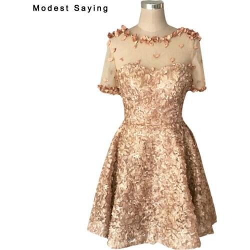 Elegant Khaki A Line Flowers Lace Cocktail Dresses 2017 Formal Grey Knee Length Birthday Party Prom Gown robe de cocktail TC125