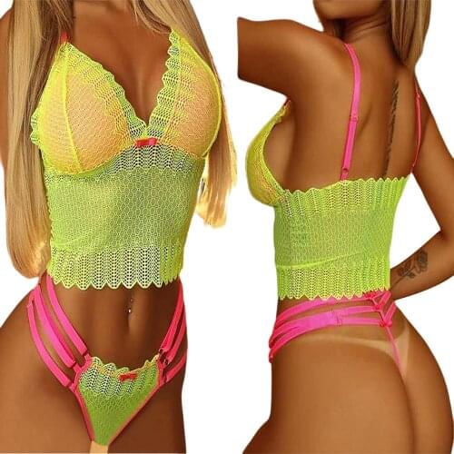 Hirigin New Women Sexy Erotic Lingerie Sets Color Block V Neck Sling Tops And Bandage Thong Bottom 2 Pieces Babydoll Costume