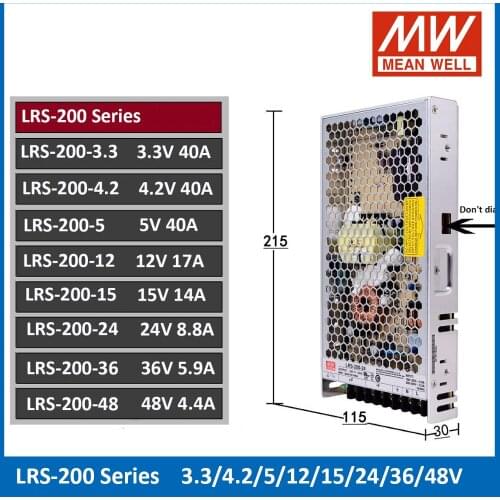 Original Mean Well LRS-200 12V 24V Single Output Switching Power Supply 3.3 4.2 5 12 15 24 36 48V Meanwell SMPS LRS-200-24