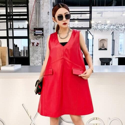 Genuine Sheepskin Leather Dresses 2021 Womens Summer Dress Fashion Tank Dress Ladies Female Midi Dress Vestido Verano Zjt2545