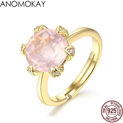Anomokay Romantic Pink Rose Quartz Prong Setting Resizable Rings for Women Lover Gift 925 Sterling Silver Gold Color Ring Gift