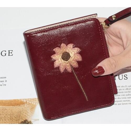 Women Wallet Leather Luxury Embroidery Floral Female Coin Money Bag Fashion Coin Holder Zipper Coin Pocket Short Ladies Clutch