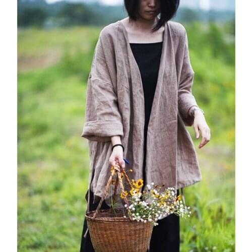 Women Solid Color Linen Jackets Ladies Loose Vintage Flax Outerwear Female 2020 Summer Autumn Coat Tops