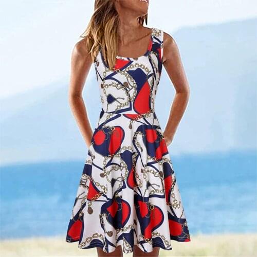 Heart Print Summer Dress Fashion Ladies Dress For Women Casual Sleeveless U-Neck A-Line Short Dresses Holiday Loose Dress