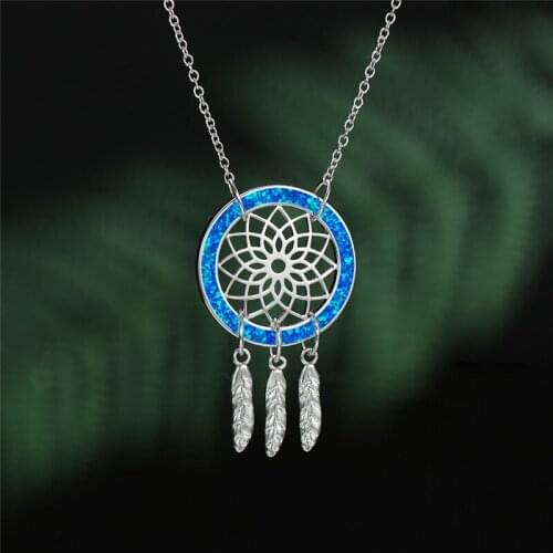 Cute Female Hollow Dreamcatcher Pendant Necklace Fashion Opal Chain Necklace Rose Gold Silver Color Wedding Necklaces For Women