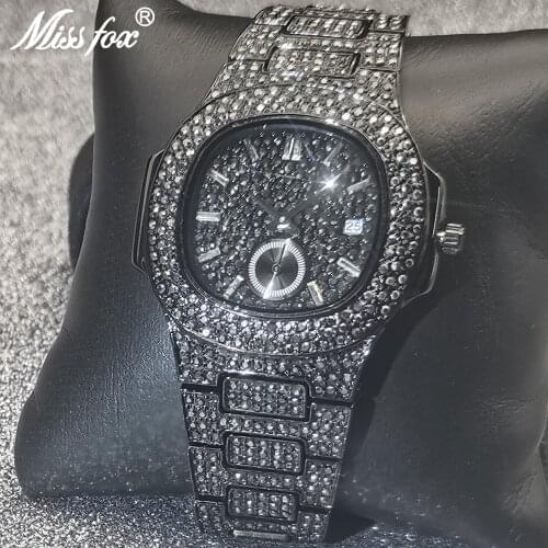 Hip Hop MISSFOX Mens Iced Out Watches Luxury Top Brand Quartz Wrist Watches Mens Date With Micro Pave Diamond Watch Male Jewelry
