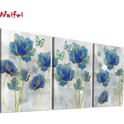 Blue Rose Painting 3 Pieces 5D Diy Round/Square Diamond Painting Abstract Flower Triptych Diamond Mosaic Embroidery Cross Stitch
