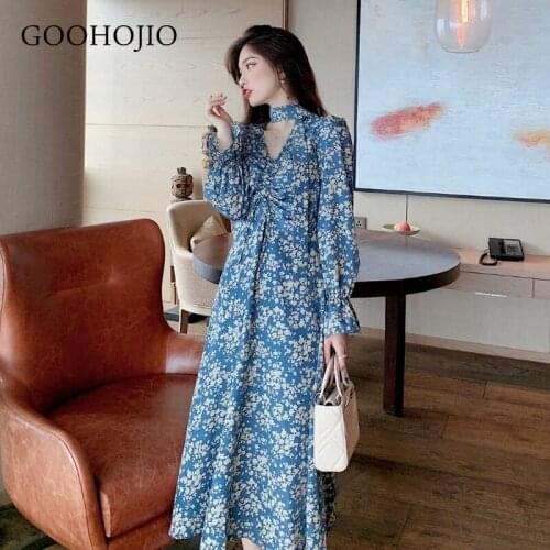 GOOHOJIO 2021 New Spring and Autumn Floral Chiffon Dress Women V-neck Chic Dress for Women Temperament Long Sleeve Women Dresses