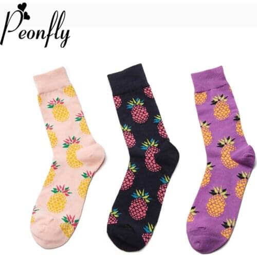 Peonfly Vintage Fashion Men Printed Fruit Art Funny Pineapple Pattern Cotton Socks Popular Breathable Hip Hop Skateboard Hosiery