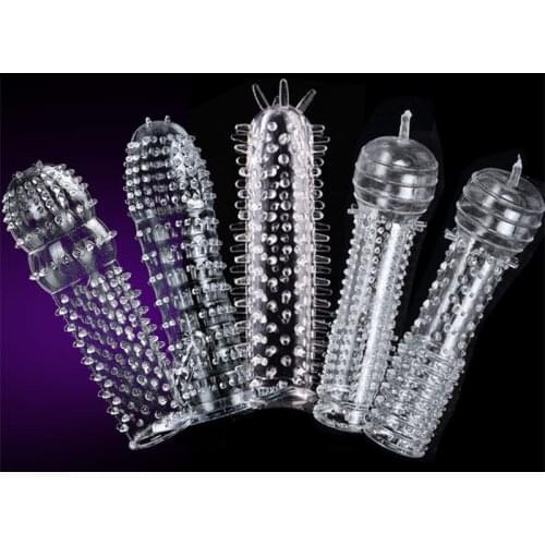 Extension Reusable Condom Penis Sleeve Male Enlargement Time Delay Spike Clit Massager Cover Crystal Clear Condoms Adult Sex Toy