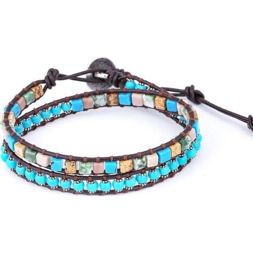 Drop Shipping Boho 2 Wrap Around Leather Natural Stone Beaded Statement Bracelet Jewelry