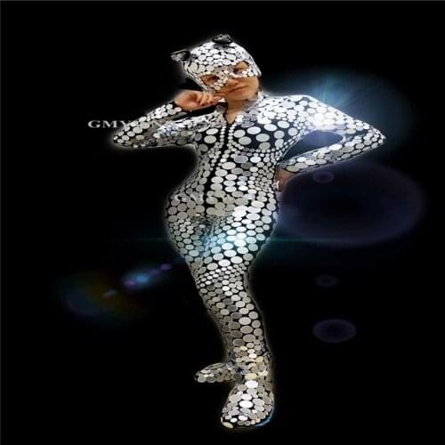 Q21 Singer performance stage dance costumes silver mirror bodysuit mirror glass jumpsuit stretch leotard cospaly wears party bar