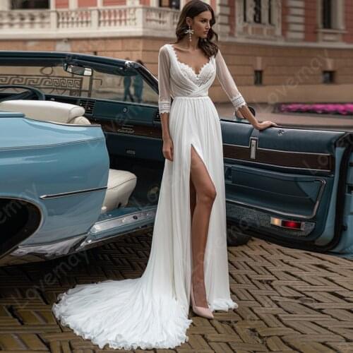 Chiffon Beach Wedding Dresses 2021 with Long Sleeves A Line Bridal Gown Bohemian Vestidos De Novia Formal Boho Bride Dresses
