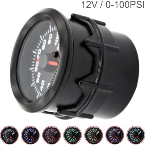 52mm 2 Inch 12V 0-100 PSI Universal Car Oil Pressure Gauge with Electronic Sensor Black Shell and Seven Color Backlight for Cars