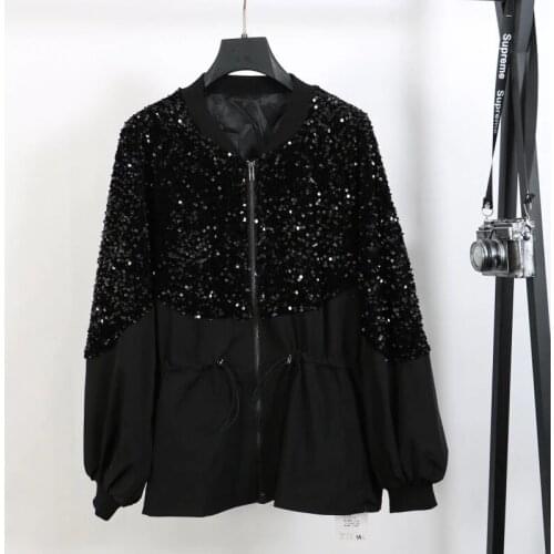 Spring Autumn Kpop Vogue Women Long-sleeved High-street Sequin Patchwork Drawstring Coat Womens Coat Chaqueta Mujer Clothes