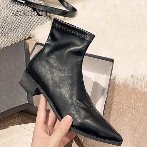 EOEODOIT Autumn Winter Leather Boots Med Chunky Chelsea Ankle Boot Women Fashion Pointed Toe Slip On Heels Shoes