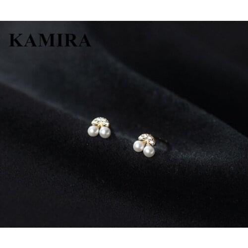 KAMIRA 925 Sterling Silver Cute Sweet Simple Pearl Cherry Zircon Stud Earrings for Women Kid Small Fruit Unique Fine Jewelry Hot