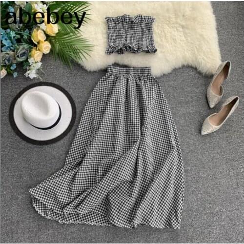 New Korean summer two Piece outfit women sleeveless tank Top + High-waist slim Long Skirt plaid 2 pcs sets Woman Fashion Suit