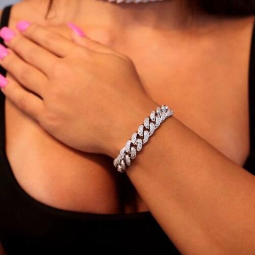 New 12mm Iced Out Bling 2 Row CZ Bracelet Silver Color Cuban Chain Micro Pave CZ Stones Bracelet For Women Men Hip Hop Jewelry