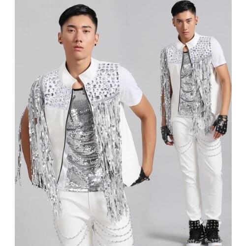 Male tassel vest men 2020 summer style personality slim clothes punk rock costumes hombre chalecos singer dance stage star white